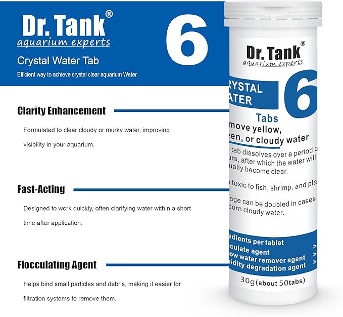 Dr. Tank #6 Crystal Water - Freshwater Aquarium Water Clarifier - Clears Cloudy Water & Debris - Safe for Fish, Shrimp, & Live Aquatic Plants - 50 Tablets