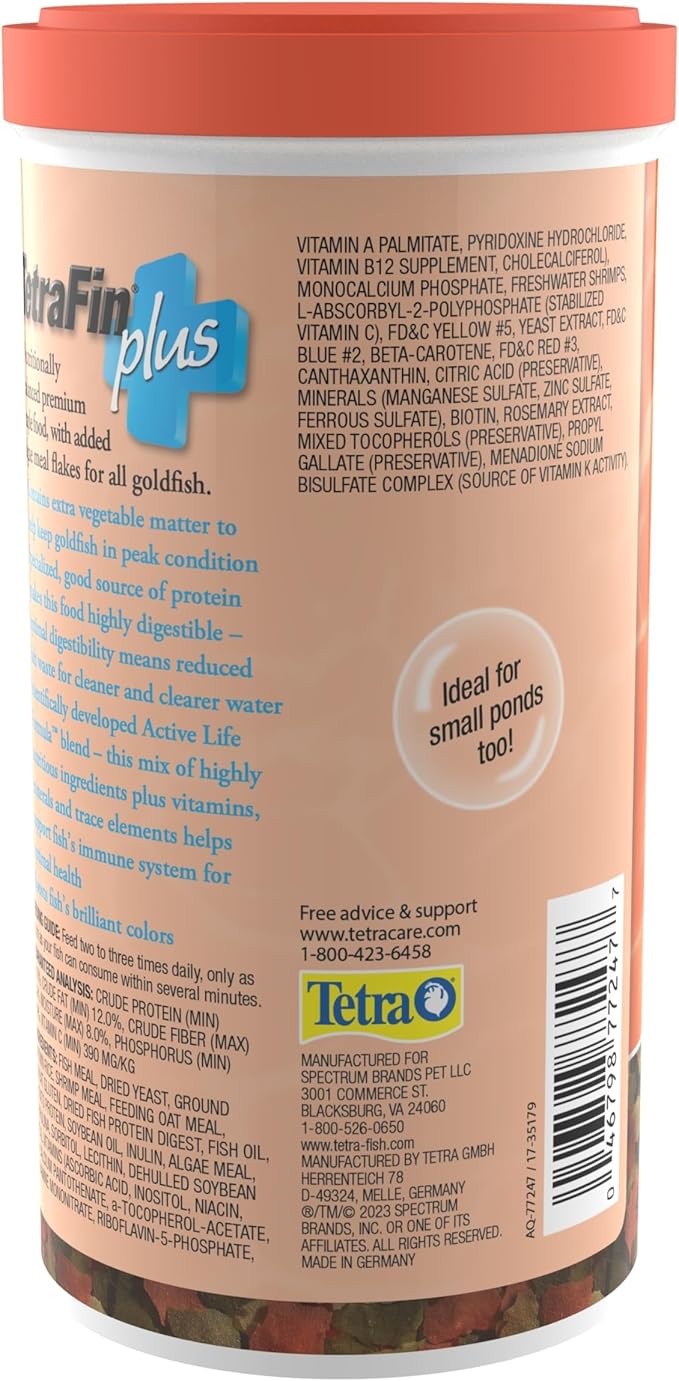 TetraFin Plus Goldfish Flakes Balanced Diet With Algae To Promote Health, 7.06 oz