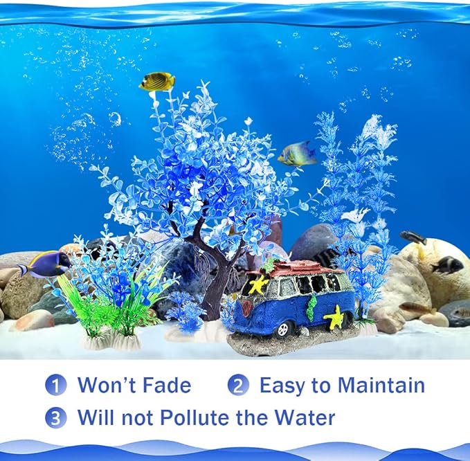 4PCS Fish Tank Aquarium Decorations Plastic Plants with Resin Cave Rock for Fish Hideout (Blue Set)