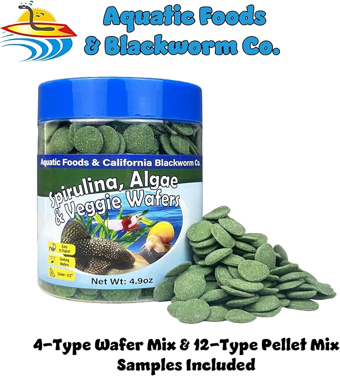 12mm - 1/2" Small Sinking Wafers of Spirulina, Algae & Veggies for Plecos, Catfish, Shrimp, Snails, Crabs, Crayfish, 12-Type Pellet Mix & 4-Type Wafer Mix Included..4.9oz Canister