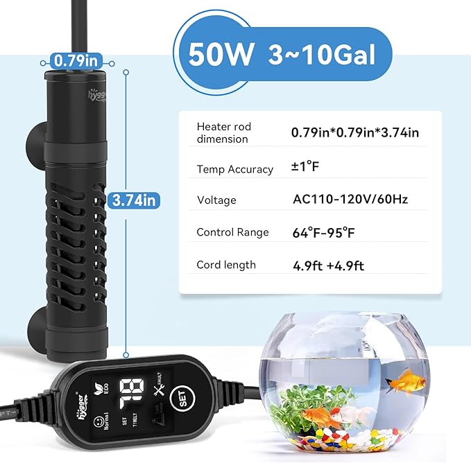 hygger Ceramic Submersible Aquarium Heater, New Explosion-Proof Fish Tank Water Heater with External Temp Controller Auto Thermostat Heater for Saltwater Freshwater (50W for 3~10 Gallon)