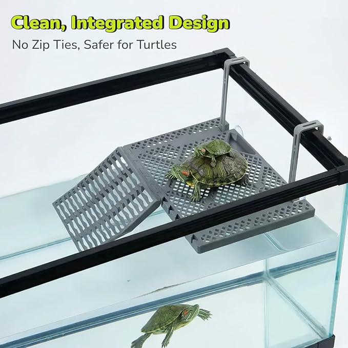 Large SolidForm Hanging Turtle Basking Platform with Built-in Food Tray, Zero Zip-Tied, Non-Slip Ramp Terrace, Resting Turtles Dock, for 50–120 Gallon Aquariums Turtle Turtle Tank Accessories