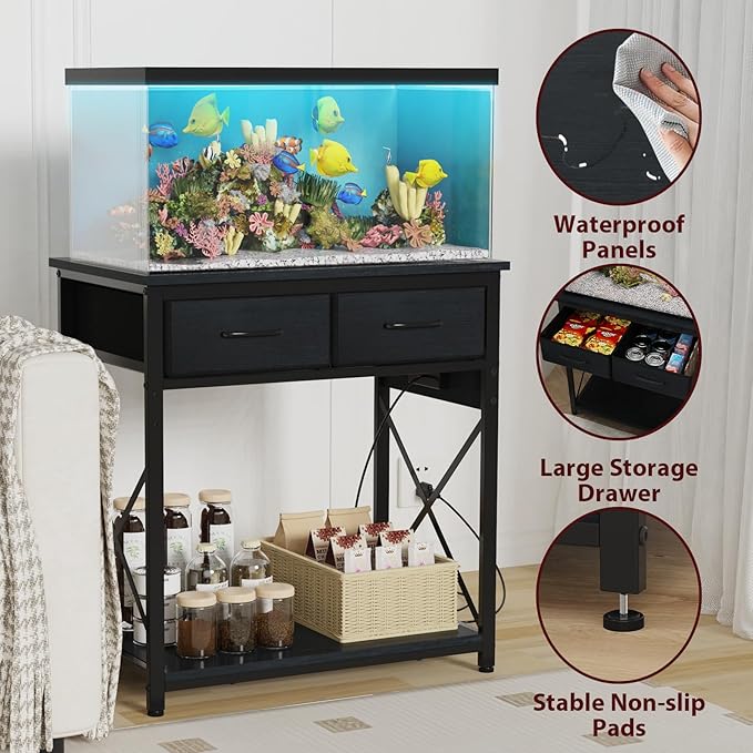 20-29-37 Gallon Fish Tank Stand with Power Outlet, Heavy Duty Metal Aquarium Stand with Two Storage Drawers for Fish Tank Accessories Storage, Perfect for Turtle Tank, Reptile Terrarium, Black