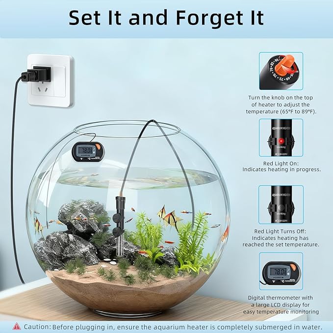 HiTauing Aquarium Heater 25W/50W/100W/200W/300W, Adjustable Knob Fish Tank Heater with Digital Thermometer, Submersible Betta/Turtle Tank Heater for Freshwater and Saltwater Tanks