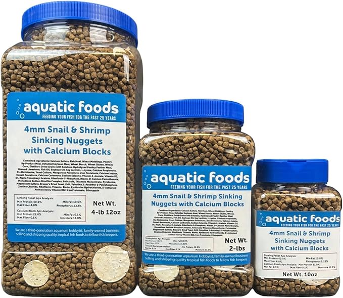 Calcium Blocks Included in Snail & Shrimp 4mm Sinking 40% Protein Nuggets. Ideal for All Snails, Shrimp and Bottom Tropical Fish…2-lbs Jar