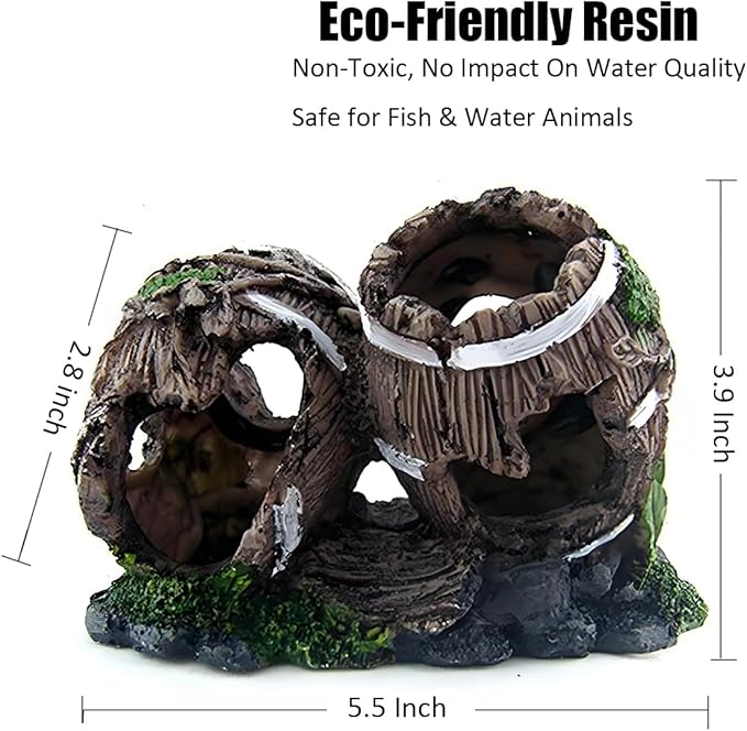 Aquarium Decorations Cave – Resin Fish Tank Ornament Barrel Hideout for Betta, Shrimp & Small Fish, Rock Cave Shelter Breeding & Hiding Decor Broken Barrel Aquarium Decoration (Broken Barrel-02)