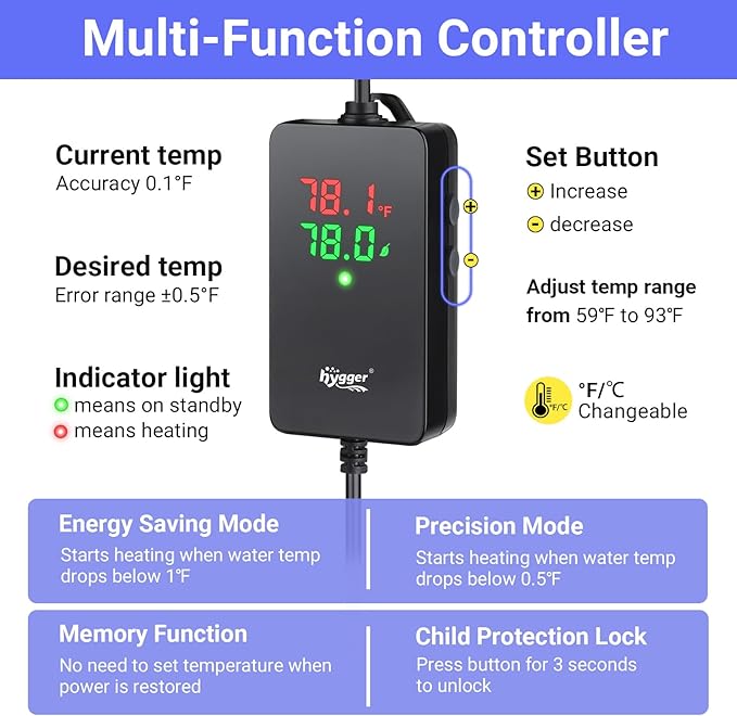 hygger ECO Precise Aquarium Submersible Heater, 300W for 40-60 Gallon Fish Tank Heater with Digital Display Adjustable Controller for Saltwater Freshwater