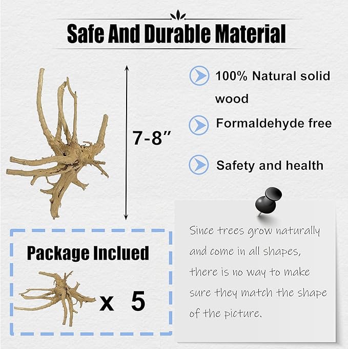 kathson Aquarium Driftwood Reptile Branches Wood Natural Spiderwood Driftwood for Aquarium 7-8" 5 Pcs Terrarium Ornament Trunk Fish Tank Log Habitat Decoration Tree Stump Decor Assorted Sizes Wood
