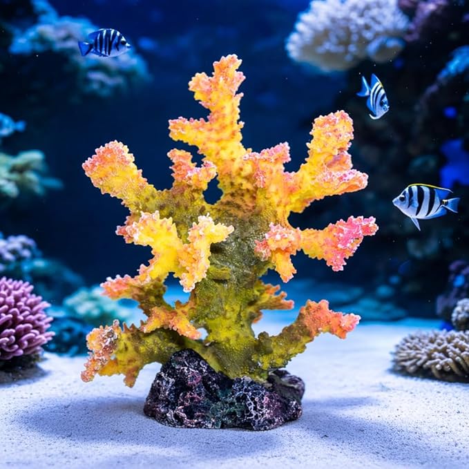 Polyresin Coral Ornament for Fish Tank Decorations,Aquarium Landscape Decor - Safe for Saltwater & Freshwater,Green&Yellow