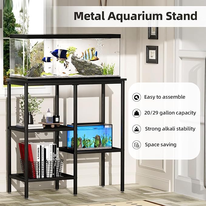 20 Gallon Fish Tank Stand Aquarium Fish Tank Stand, 3 Tier Metal Rack for Living Room/Office/Aquarium 29.1 x 12.3 x 30.1 Inches 330 LBS (Black)