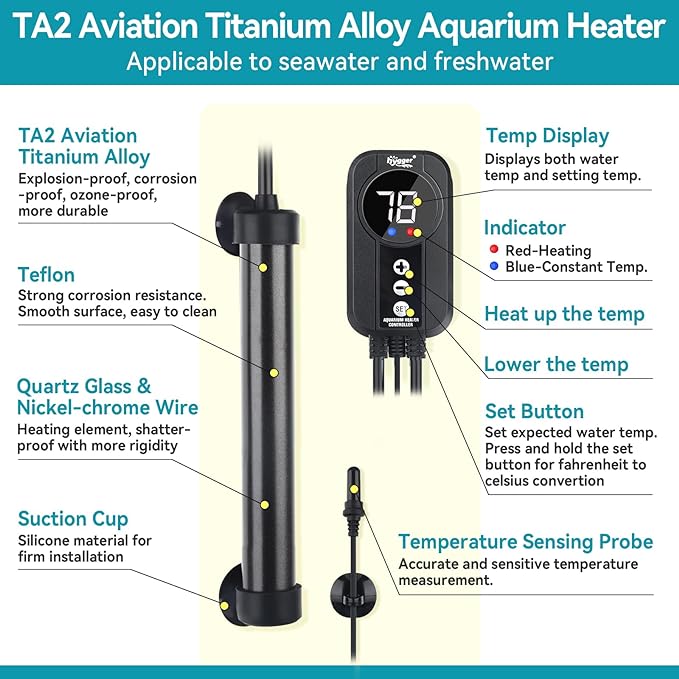 hygger Marine Aquarium Heater 50W 100W 200W 300W 500W,Titanium Heater with Temperature Calibration,Digital LED Controller,Temperature Probe,Submersible Fish Tank Heater for Saltwater Freshwater Tank