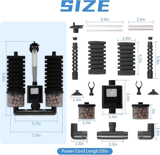 Aquarium Sponge Filter 15-55 Gallon Fish Tank Filter, Electric Power Double Sponge Filter, Quiet Small Low Flow Foam Filter For Fish Tank Betta Shrimp, Intake Dual Sponge Filter Kit w/ Bio Balls &Pump