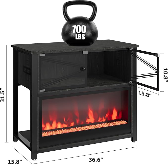 40-50 Gallon Fish Tank Stand with 20-Color LED Flames, No Heat, Metal Frame Structure Aquarium Stand, Glass Doors Storage Cabinet Holds Up to 700 LBS, Fit for Turtle Tank, Reptile Tank (Black)