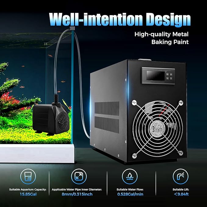 15.85Gal Aquarium Chiller, 200W 110V Cooling Machine with Temperature Probe Line, 60L Fish Tank Cooler Aquarium Water Chiller -58-230℉ Temp Adjustable for Fish Tank Axolotl Coral Reef Tank
