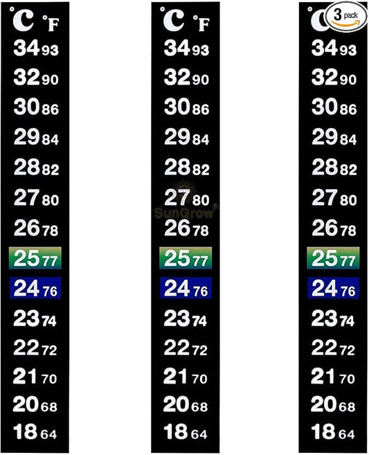 SunGrow Betta Fish Tank Thermometer Stick On, Aquarium Temperature Sticker Strip, 5.2 x 0.7 Inches, Green & Blue Temperature Indicator, Amphibian and Reptile Thermometer Sticker, Black, 3 Pcs