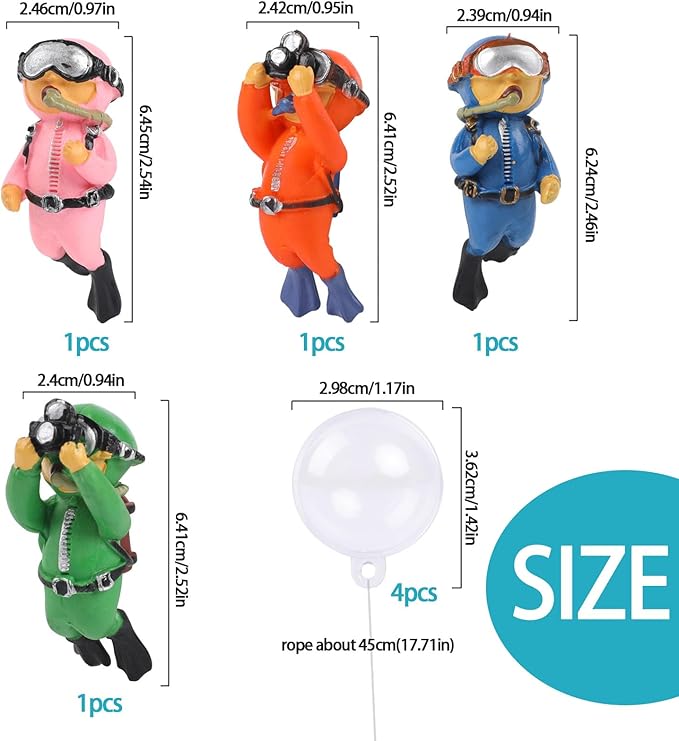 KALIONE Floating Fish Tank Decorations - Cute Little Diver Toys for Aquarium Decor - 4 Pack Ornaments Accessories