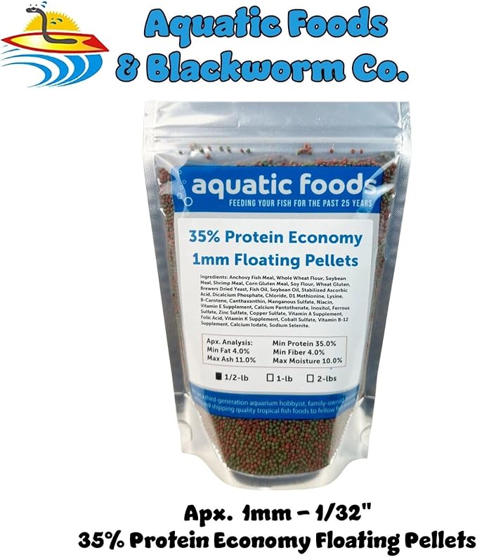1mm - 1/32, 35% Protein Economy Floating Pellets for All Community Fish, Tetras, Guppies, Angel Fish, Cichlids, Goldfish. All Tropical Fish - WL…1/2-lb Foil Pouch Bag