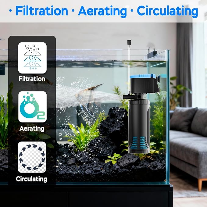 AquaMiracle 225GPH Internal Aquarium Filter, 3-Stage Fish Tank Filter with Dual Outlets & Aeration, Water Flow Adjustable Turtle Filter for 20-70 Gallon Tanks