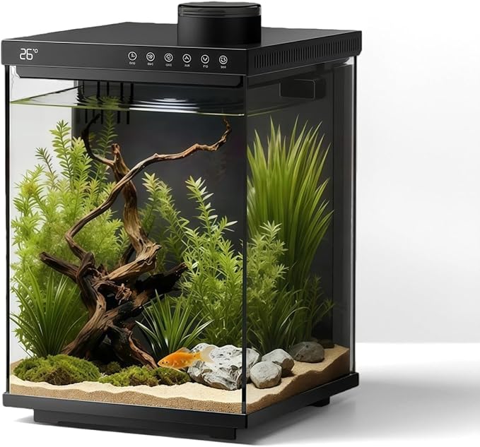Fish Tank 4-Gallon Aquarium Set, Equipped with an Automatic Feeder, 8 Color Lighting Modes, an Automatic Three-in-one Silent Oxygen Pump, and a Temperature Display.