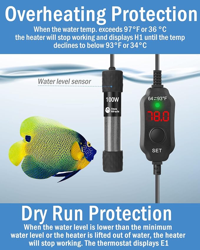 AquaMiracle Aquarium Heater 100W Fish Tank Heater for 10-20 Gal Tanks, LED Digital Display Thermostat Turtle Heater with Out-of-Water Auto Shut-Off, Overheat Protection & Memory Function