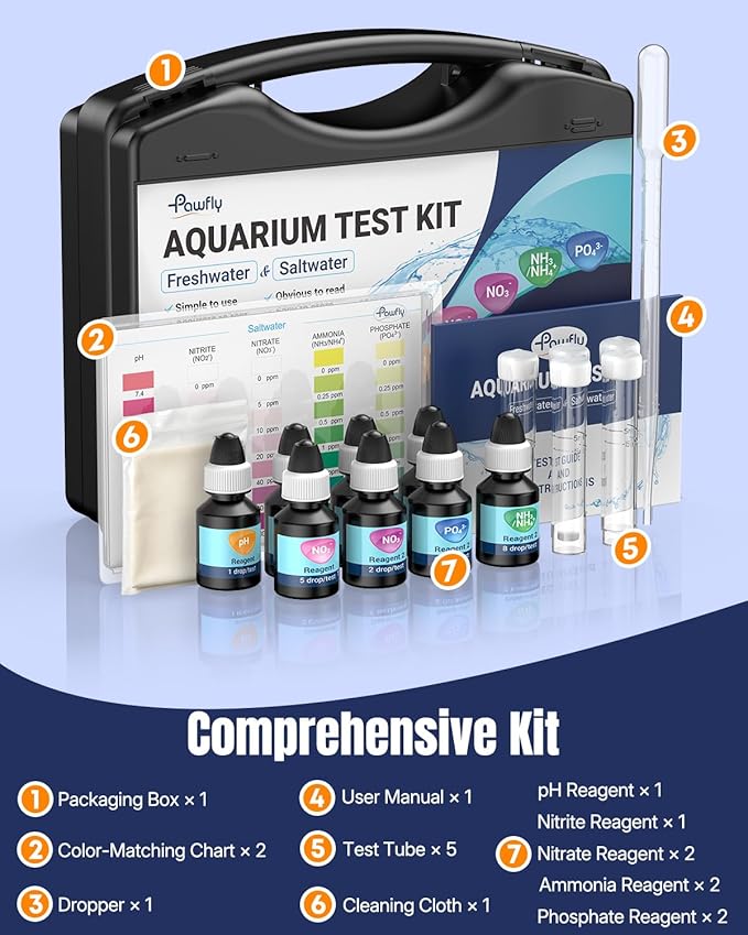 Pawfly 5 in 1 Aquarium Water Master Test Kit, Aquarium Water Test Kit Fish Tank Water Testing Kit for pH Nitrite Nitrate Ammonia & Phosphate, Aquarium Test Kit for Freshwater & Saltwater Fish Tanks