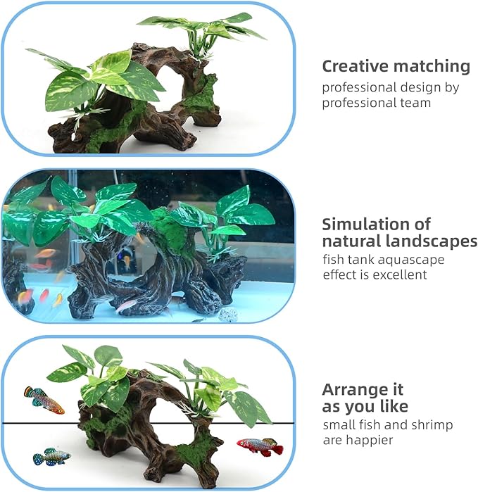 relaqcc Fish Tank Decorations Artifical Driftwood Cave Aquarium Decor Ornaments Silk Aquarium Plants for Betta Fish Tank Accessories