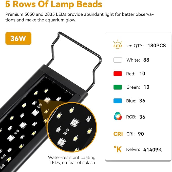 hygger 36W LED Aquarium Light, 36-42 Inch Fish Tank Light with Timer Auto On/Off, Sunrise Sunset Mode, Adjustable Brightness and Colors, Full Spectrum Light with Extendable Brackets for Freshwater
