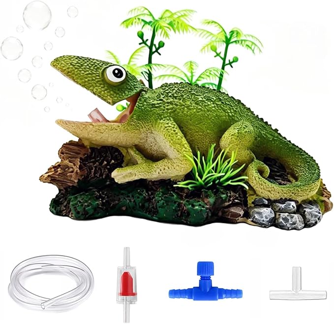Fish Tank Bubbler Decorations Aquarium Ornament Kit with Air Stone Pump - Chameleon Resin Aquarium Decor for Fish