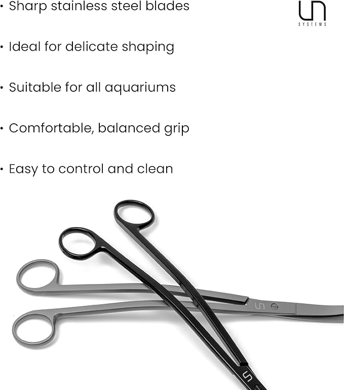 UNS Aquascaping Tools - Stainless Steel, Rust Resistant, Freshwater Planted Tank, Saltwater Reef Aquarium Maintenance Accessory - Trimming Stems & Carpets, Coral Cutting - Wave Scissors, Black