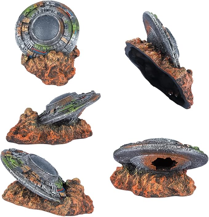 Ulifery Sunken UFO Aquarium Decoration Wrecked Sci-fi Spaceship Ornament Alien Item for Betta, Little