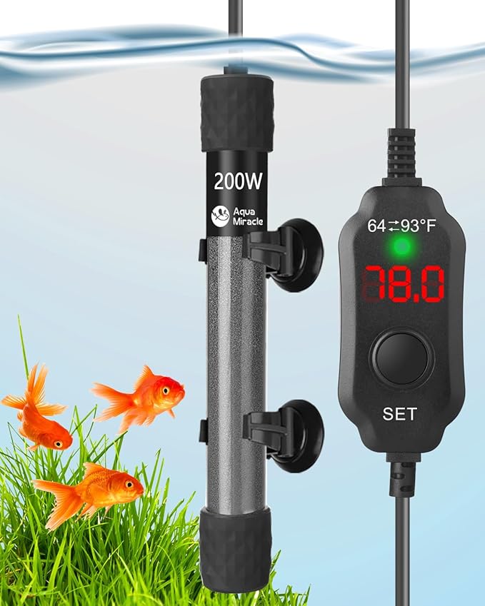 AquaMiracle Aquarium Heater 200W Fish Tank Heater for 20-40 Gal Tanks, LED Digital Display Thermostat Turtle Heater with Out-of-Water Auto Shut-Off, Overheat Protection & Memory Function