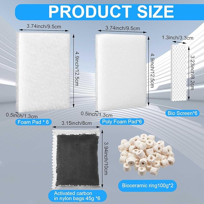 Threlaco 26 Pcs Aquarium Filter Media Kit Compatible with Fluval C2 (30 Gal) Power Filter, 6 White Foam Sponge Pad, 6 Poly Foam Pads, 6 Bio-Screen, 6 Activated Carbon, 2 Pack 3.5 oz/100g Ceramic Ring