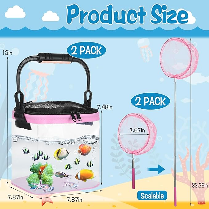 2 Sets Catch Plastic Beach Aquarium Kit, Release Aquarium Box for Beach with Retractable Net Bag and Transparent Portable Handheld（Pink）