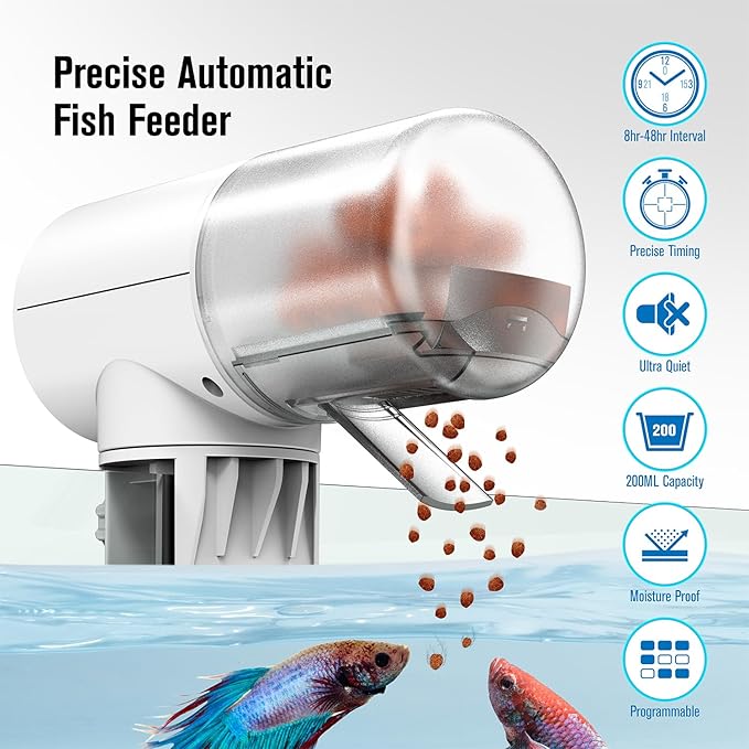 JuzPetz Automatic Fish Feeder Dispenser for Aquarium, 200ml Large Capacity Auto Turtle Fish Feeder for Small Tank, Battery Powered Food Feeding Timer for Flakes Pellet Vacation, Batteries Included
