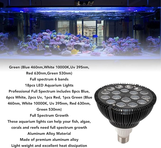 LED Aquarium Lights Bulb, 18W Saltwater Aquarium Light, Aquarium Plant Lights Fish Tank Bulb with 6 Band Full Spectrum, Fish Tank Light for Fresh Water Light Multi Color,