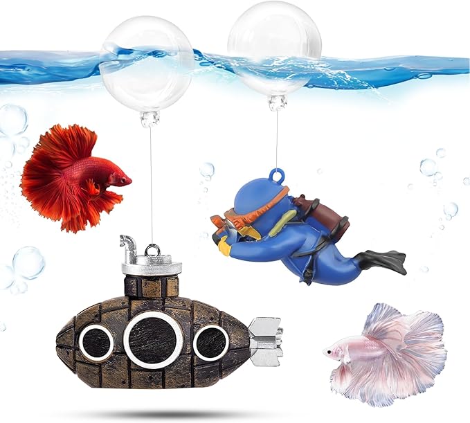 CousDUoBe 2.1 in Mini Floating Submarine Fish Tank Decoration Set，Cute Retro Submarine Set and Floating Diver,Aquarium Decorations Resinous Betta Fish Tank Accessories