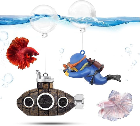 CousDUoBe 2.1 in Mini Floating Submarine Fish Tank Decoration Set，Cute Retro Submarine Set and Floating Diver,Aquarium Decorations Resinous Betta Fish Tank Accessories