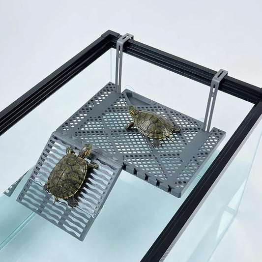 Large SolidForm Hanging Turtle Basking Platform with Built-in Food Tray, Zero Zip-Tied, Non-Slip Ramp Terrace, Resting Turtles Dock, for 50–120 Gallon Aquariums Turtle Turtle Tank Accessories