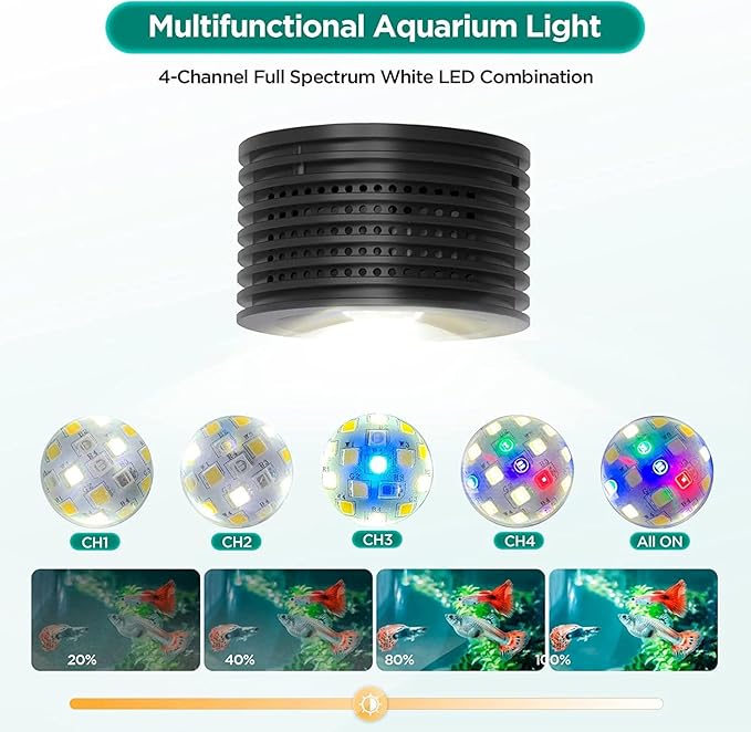 Lominie Full Spectrum Aquarium Light, 4 Channels Remote Control，Adjustable Gooseneck Freshwater Super Bright Fish Tank Light for Planted Nano Freshwater Aquarium Tank (A20 16W