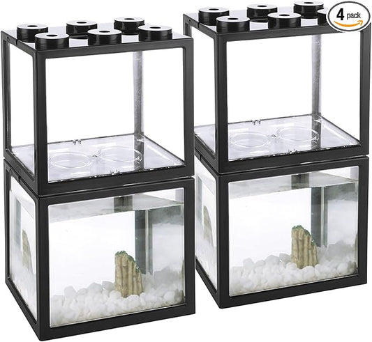 QTLCOHD 4Pcs Small Betta Fish Tank, 0.6 Gallon Stackable Mini Aquarium Tank, Rectangular Fish Bowl for Turtle, Reptile, Shrimp, Crab, Insects, Decoration (Black), Clear