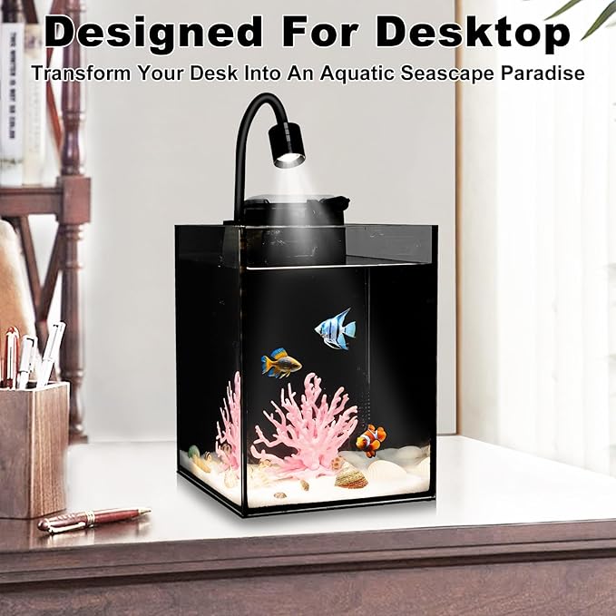 Desktop Aquarium Mini Tank Kit, 1.2 Gallon Rimless Cube with Filter, LED Spotlight, Black Background, Glass Construction, Pipette for Betta Fish, Guppies, Tetras