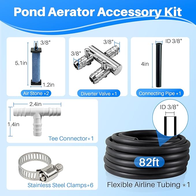 POPOSOAP Pond Aerator Accessories Kit, 52.4 Ft Flexible Black Pond Aerator Tubing with 2-Way Splitter & 2 Air Stones for Ponds, Fish Tanks, Aquariums, Septic Tanks (10mm ID) P802