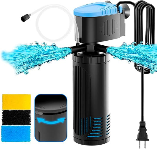 AquaMiracle 300GPH Internal Aquarium Filter, 3-Stage Fish Tank Filter with Dual Outlets & Aeration, Water Flow Adjustable Turtle Filter for 60-150 Gallon Tanks