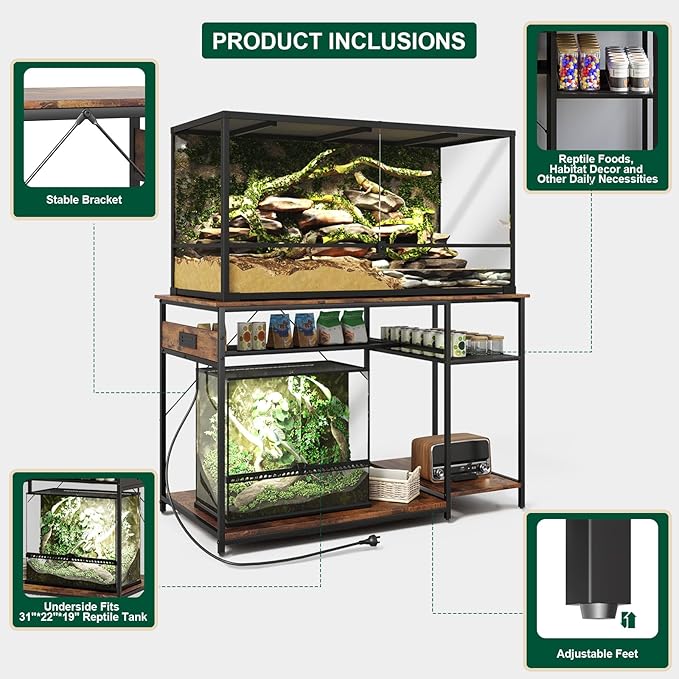 Reptile Tank Stand with Power Outlets，48" X 24" Tabletop Fits up to 120 Gallon Bearded Dragon Enclosure Stand，Double Snake Terrarium Table with Light