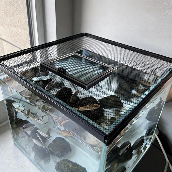 Magnetic Fish Tank Lid 20x20CM, Mesh Screen Cover with Feeding Port, Anti-Jump Net for Fish Safety, Aquarium Protector Hood