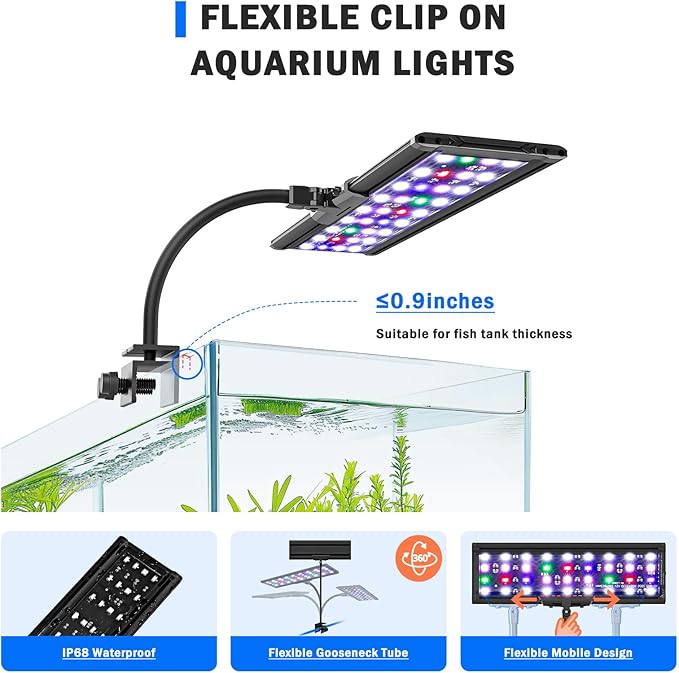 AQQA LED Aquarium Light, 24/7 Mode Clip on Fish Tank Light with Memory Function, DIY Mode Full Spectrum Aquarium Plant Light, Adjustable Timer/Brightness, IP68 Waterproof for 11-16 Inch Fish Tank 11W