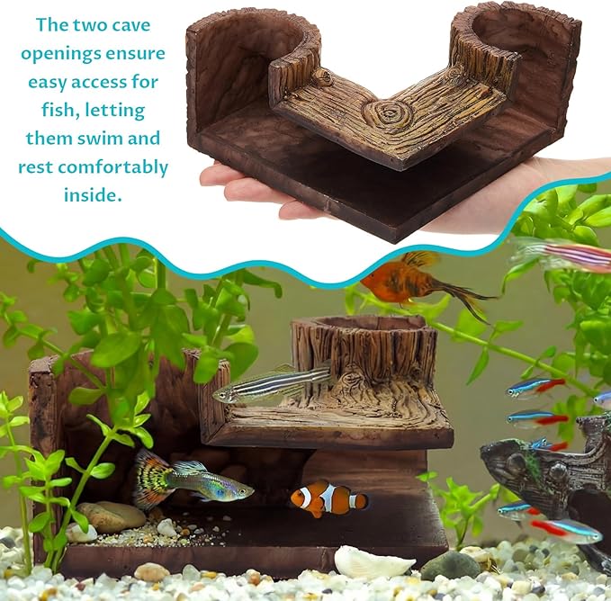 1 Pc Aquarium Underground Tunnel Cave Wood Like, 5.1 x 2 x 2.7 Inch Fish Hideout for Aquarium, Decoration for Guppy, Corydoras Catfish, Loaches, Corydora Catfish Bettas Pleco and Shrimps