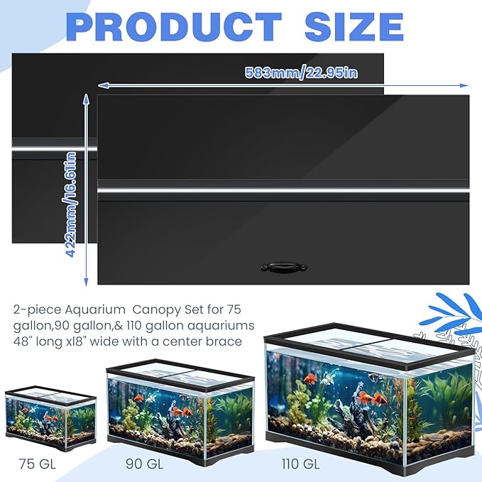 Sieral Aquarium Lids Polycarbonate Canopy 2 Pieces Set 22.95 x 16.61 x 0.12 Inch for 75/90/110 Gallon with Center Brace Aquariums Cover Fish Tank Lid with a Hook Knife, Black