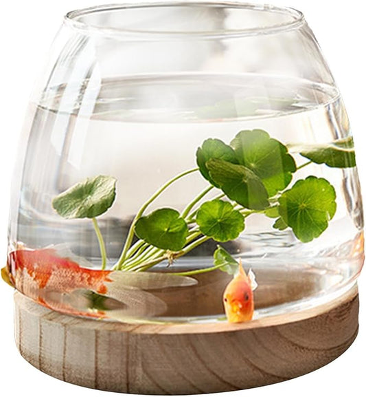 Glass Fish Bowl with Wooden Base, Transparent Small Aquarium Desktop Tank Vase Plant Terrarium Vase Home Decor, Multipurpose Aquarium Bowl for Betta Fish Goldf-ish