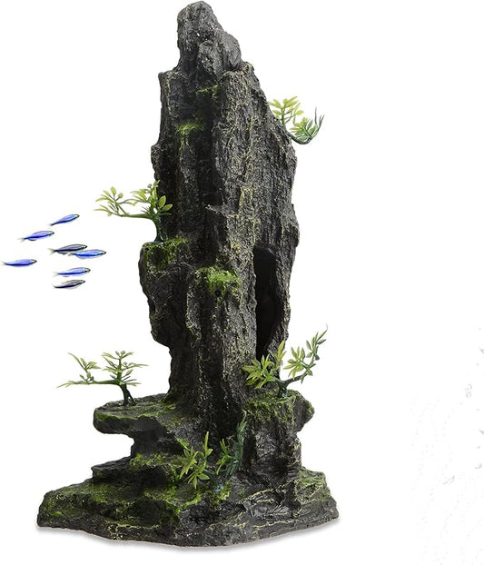 14.4" Tall Aquarium Cave Decor, Large Resin Mountain Hideout with Artificial Plants, Rock Shelter for Betta & Cichlid, Landscape Ornament for 20-40 Gallon Freshwater & Saltwater Tank